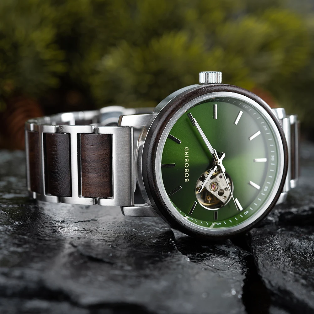 BOBO BIRD New Mechanical Watches for Men Luxury Wood and Stainless Steel Skeleton Customized Automatic Watch relojes mecรกnicos