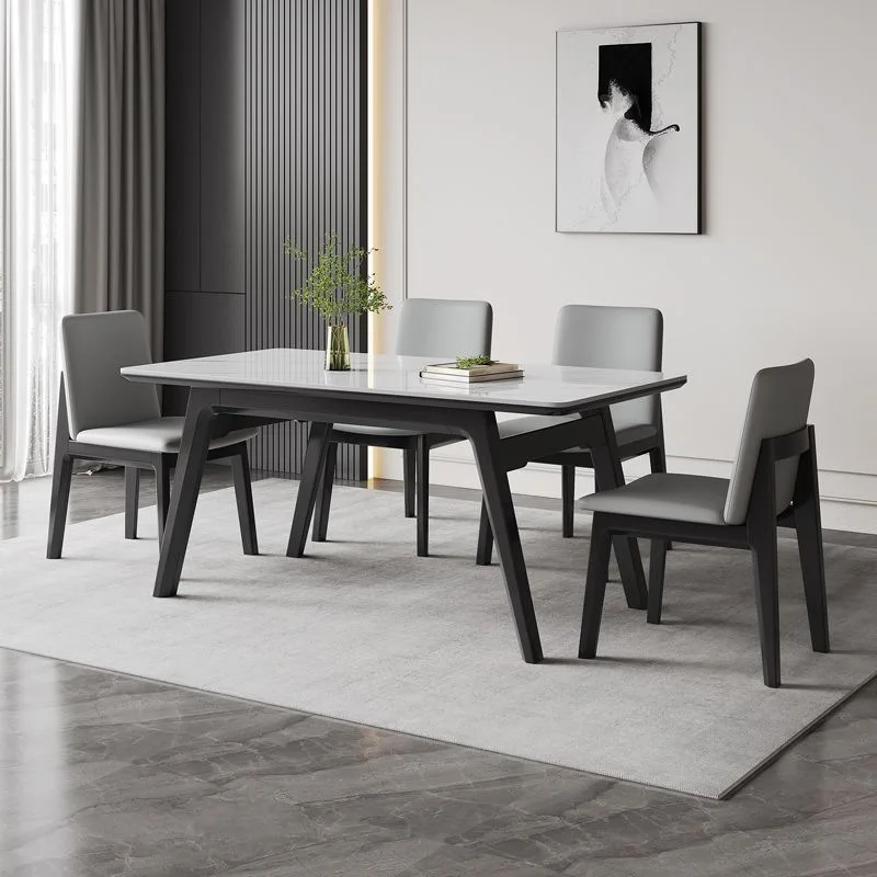 #Wooden Artificial Marble Top Rectangular Dining Table Nordic Style Modern Simple Design Matte Finish Solid Wood Legs
