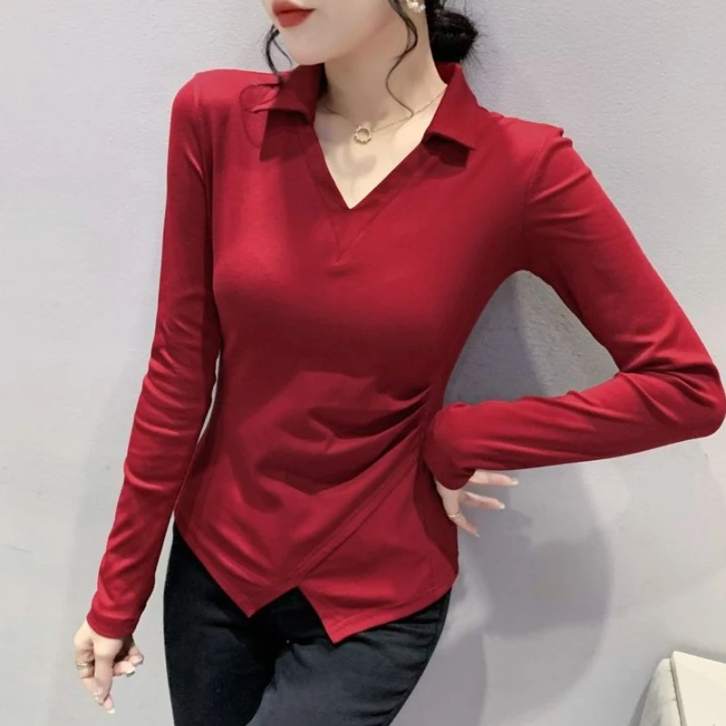 

Women's 2026 Autumn Winter New V Neck Polo Shirt Long Sleeve Slim Fit Basic Tee Layering Piece​