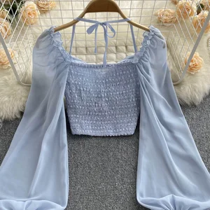 Singgreiyy -Bälle falten kurze Bluse für Frauen, Schnittuhr, langer Schlaf, Halfterblatt, elastische Woche, französische Mode, Strandbluse, Sommer 6 Hauptverkäufe Frauen Praia Camisão - №3