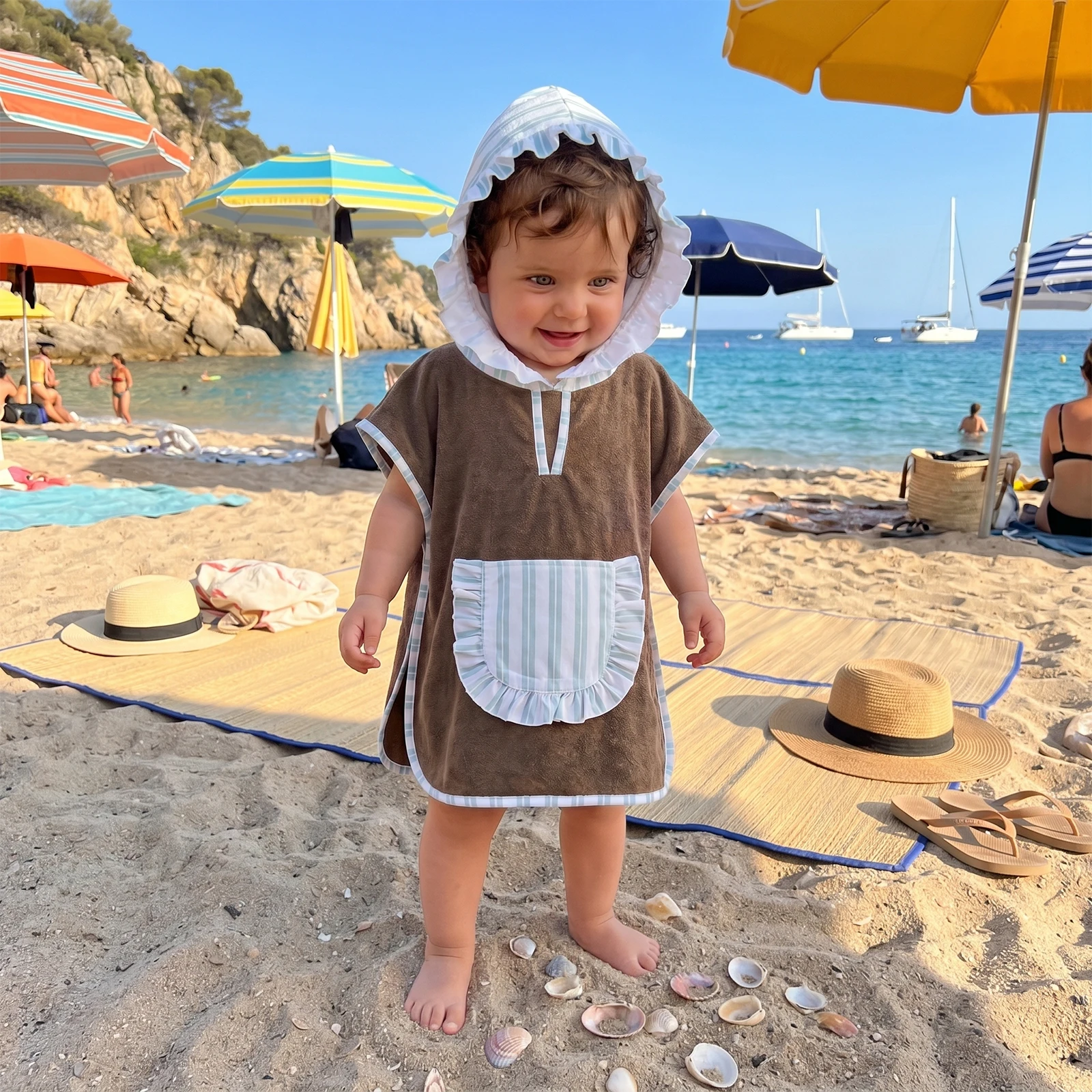 

Toddler Girls Ruffled Swim Cover Up Hooded Poncho Infant Soft Absorbent Towel Swim Striped Cover Up With Decorative Bow