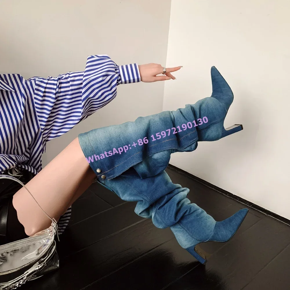 

Denim Blue Pleated Boots Strange Style Heels Wide Calf Button Pointy Toe Cowgirl Boots Women's Winter Sexy Fashion Street Shoes