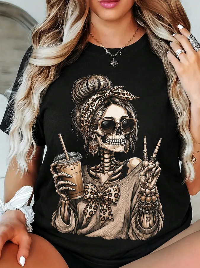 2026 Fashion New Arrival Halloween Skeleton Graphic Tee Women Leopard Skeleton Girl Iced Coffee Peace Hand Print Black Crew Neck Short Sleeve Casual Gift Basic T-Shirt