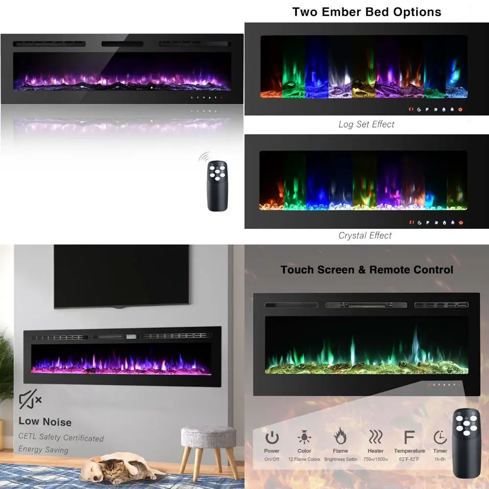 

60 Mounted Electric Fireplace, 12 Flame Colors, Heat Timer, Overheat Safeguard, 750/1500W Settings
