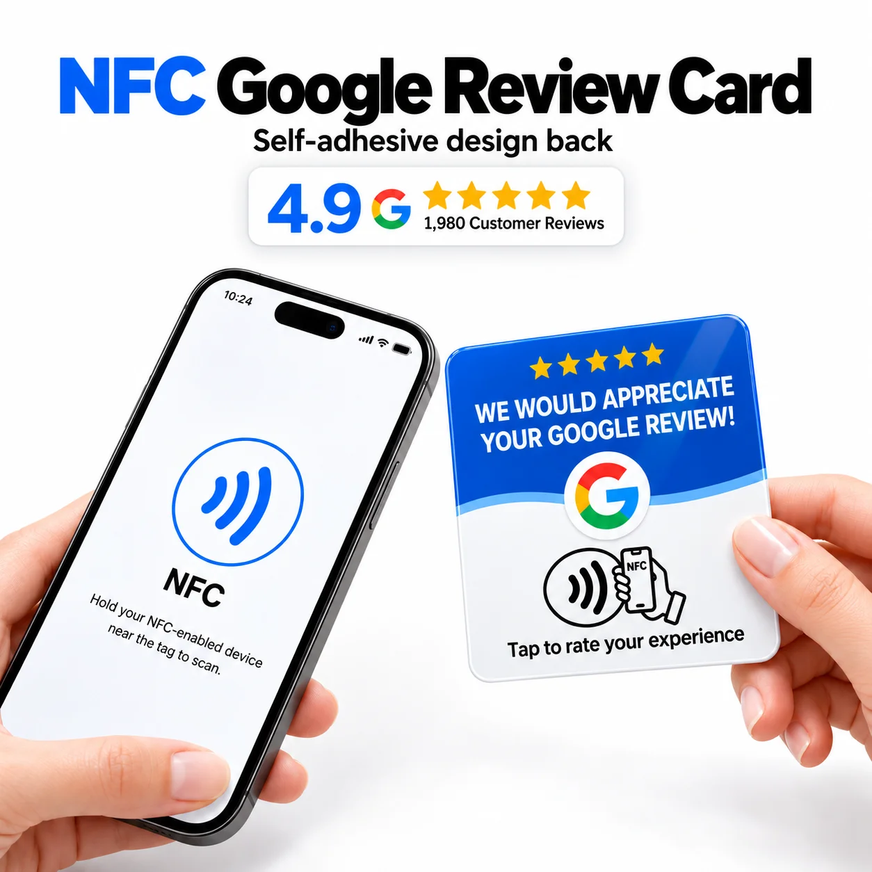 Acrylic NFC 213 Google Review Card, Self-Adhesive, Tap-to-Review Display for Doors, Counters & Tables, 12x12cm