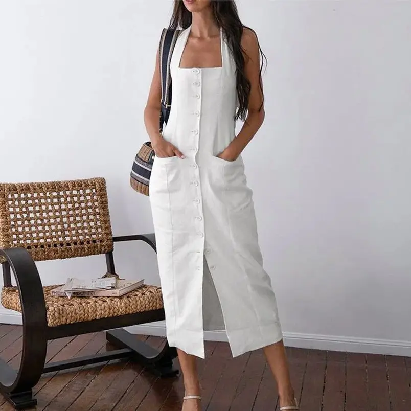 

WXOY Women Summer Dress Halter Button Down White Cotton Tie Back Elegant Sleeveless Split Sundress Vacation Outfit