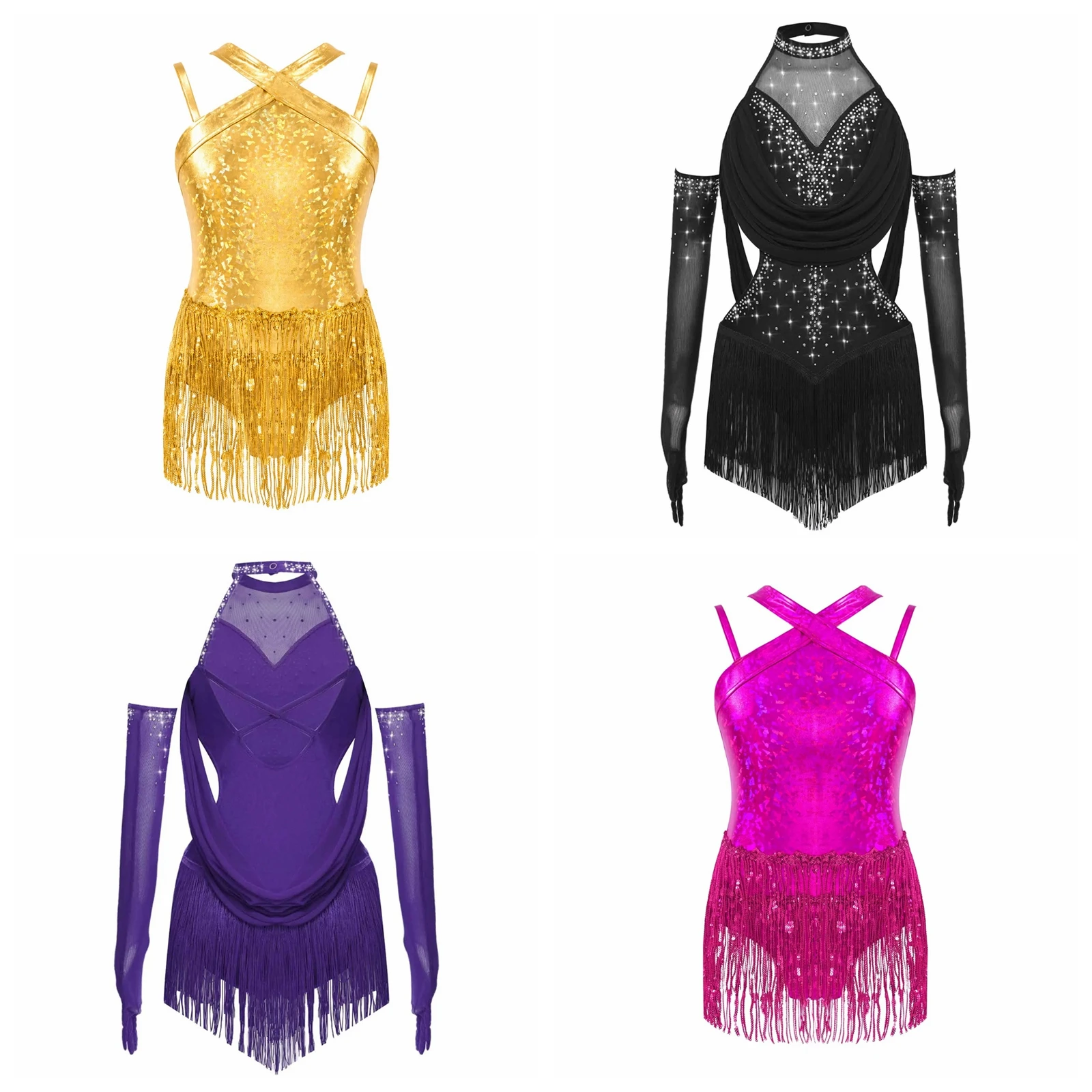 Kids Girls Fringed Rumba Cha-cha Tango Bodysuit Dress for Disco Jazz Latin Dance Costume Child Sequins Tassel Metallic Leotard