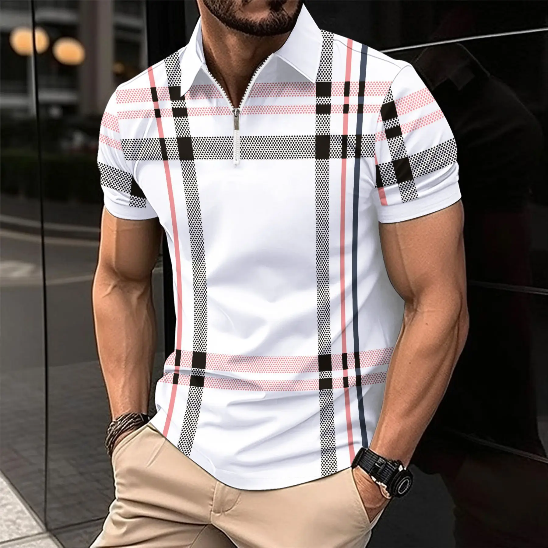 Men's short-sleeved polo shirt polyester print check zipper T-shirt sports leisure loose high quality fashion men's wear ins