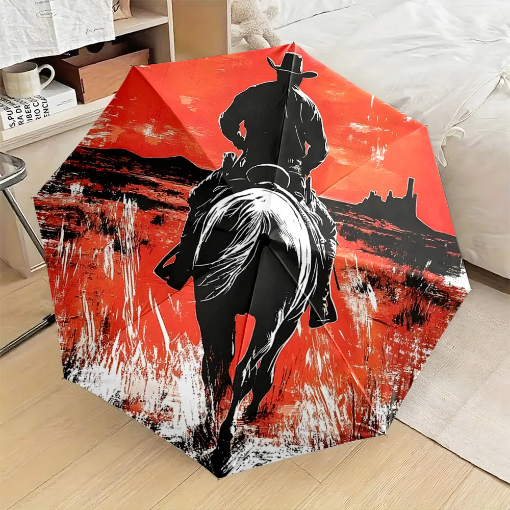 1PC Western Rider Design Umbrella Adds Rustic Charm Print 8 Iron Ribs Folding Umbrella Auto-Open Fashion Sunshade