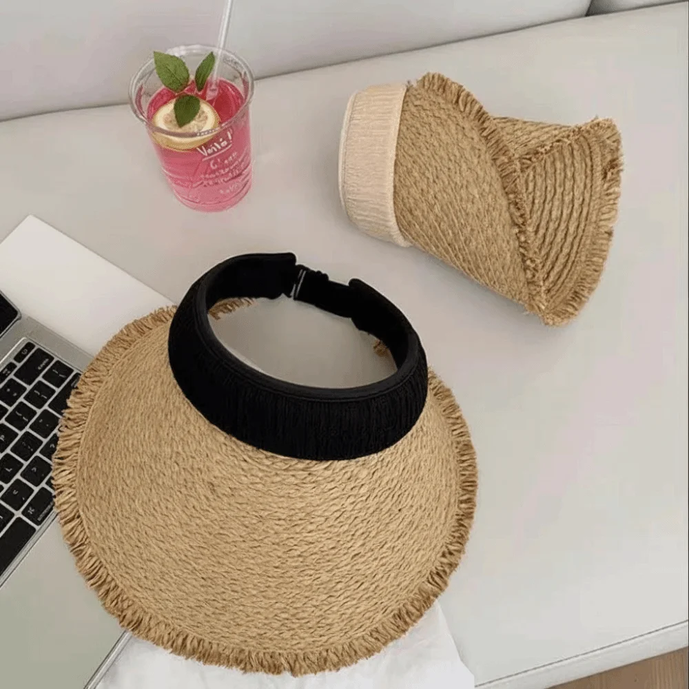Apparel Accessories Woven Straw Visor Cap Sunscreen Hollow Empty Top Hat Big Head Circumference Breathable Summer Sun Cap Beach