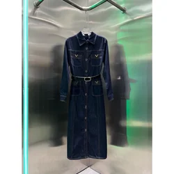 Nuovo autunno 2024, abito Casual da pendolare, abito da donna, gonna in Denim con risvolto impreziosito con fibbia in metallo a doppia tasca, cintura di invio