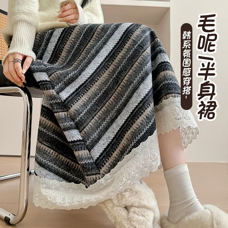 

Autumn Winter Women's Half Skirt Fashion Stripe Lace Umbrella Skirt Ethnic Style High Waist Lazy Girl Mid-Length A-Line Skirt