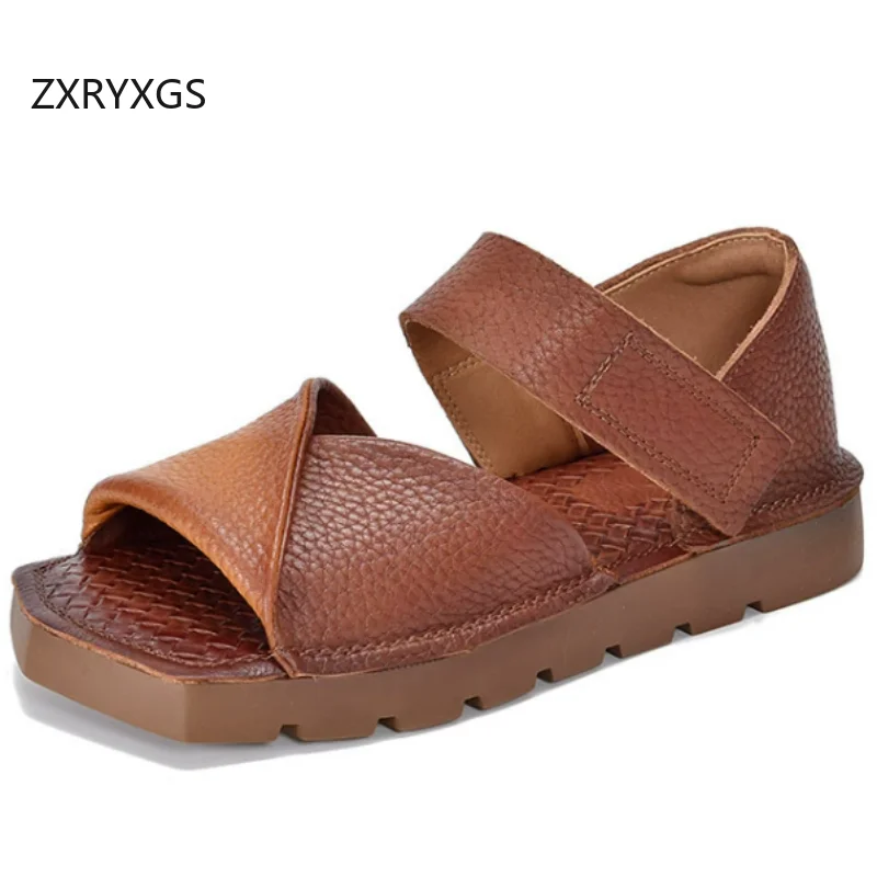 ZXRYXGS Top Layer Cowhide Spell Colors Women Fashionable Sandals 2026 New Trendy Summer Fish Mouth Sandals Women's Flat Sandals