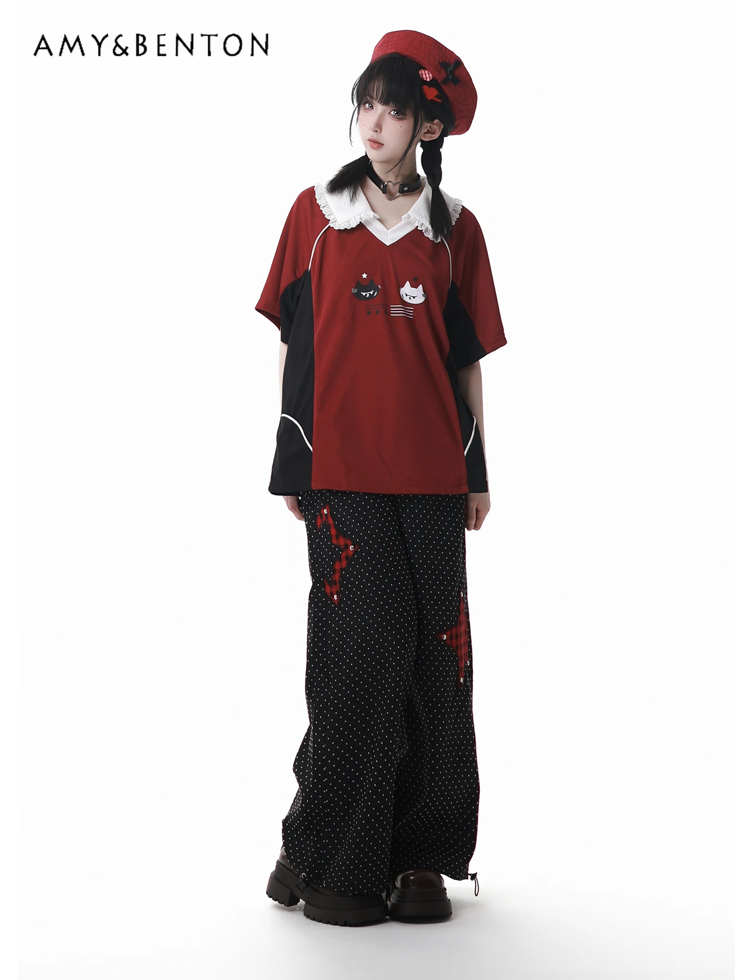 Verão doce menina bolinhas impressão roupas casuais bonito gola de boneca emenda cor de manga curta topo tutu saia conjunto de duas peças