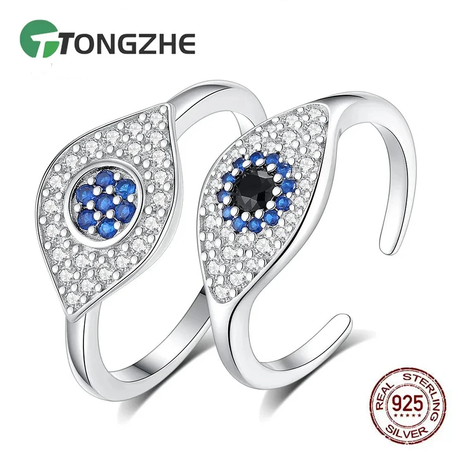 

TONGZHE 925 Sterling Silver Fashion Wedding Jewelry AAA CZ Evil Eye Design Open Ring For Women Girl Turkey Engagement Gift