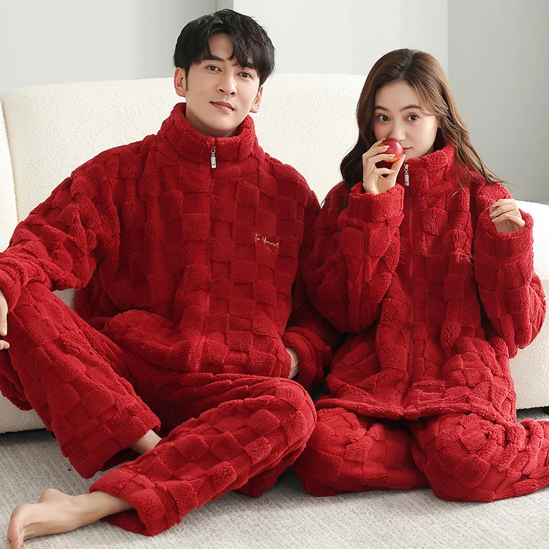 2024 Thicken Coral Fleece Couple Sleepwear Winter Sleeping Pajamas Set Fashion Zipper Women's Coat for Home Pijama Mujer Hombre