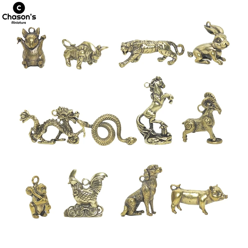 12 Brass Chinese Zodiac Lunar Year Tiger Figurines Dragon Rat Horse DIY Animal Fairy Home Decoration Miniature Ornaments