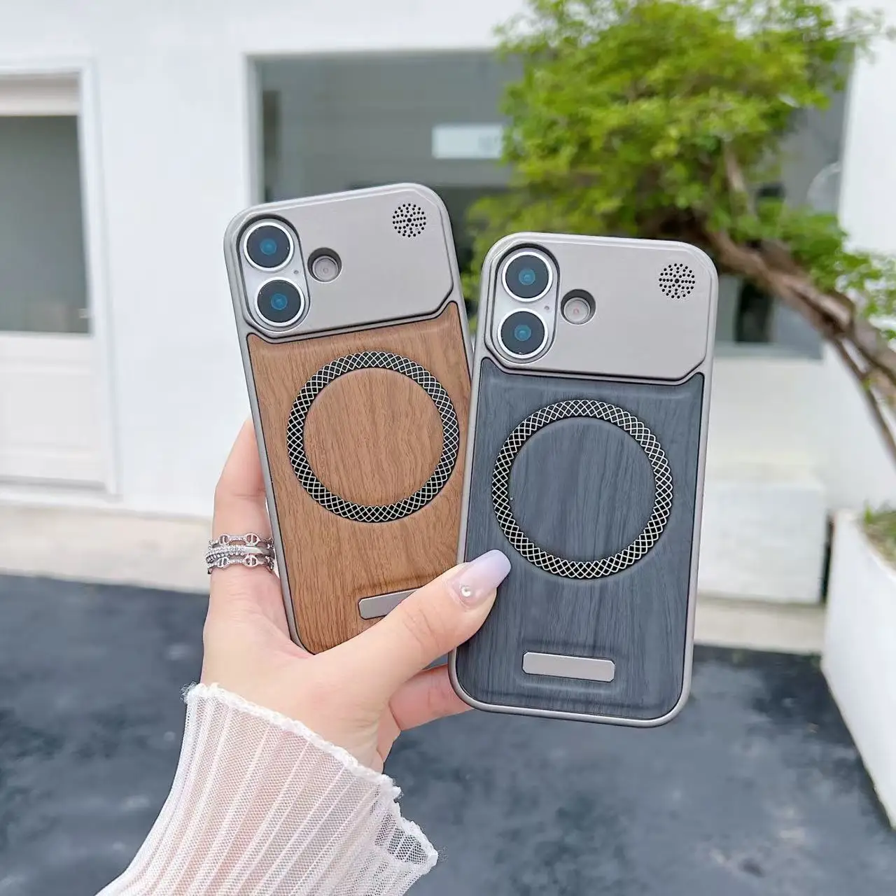 

Luxury Magnetic Wood Grain Leather PC Phone Case For iPhone 17 Air 17Pro Max 16 14 13 12 Pro Max Safe Anti Drop Protect Cover