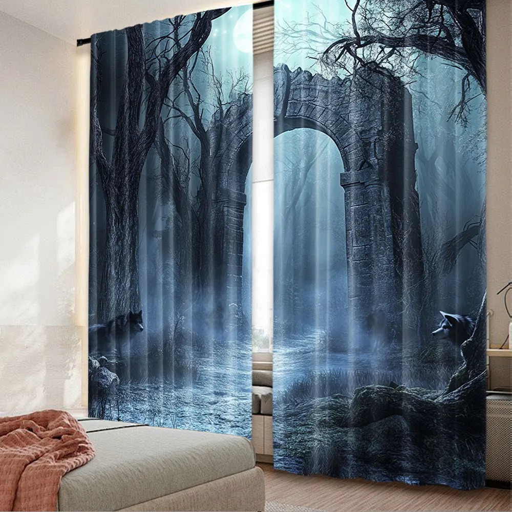 2Pcs Gloomy Scenery Curtain Moon Ancient Arch Ruins Forest Wolves Curtain Suitable For Living Room Bedroom