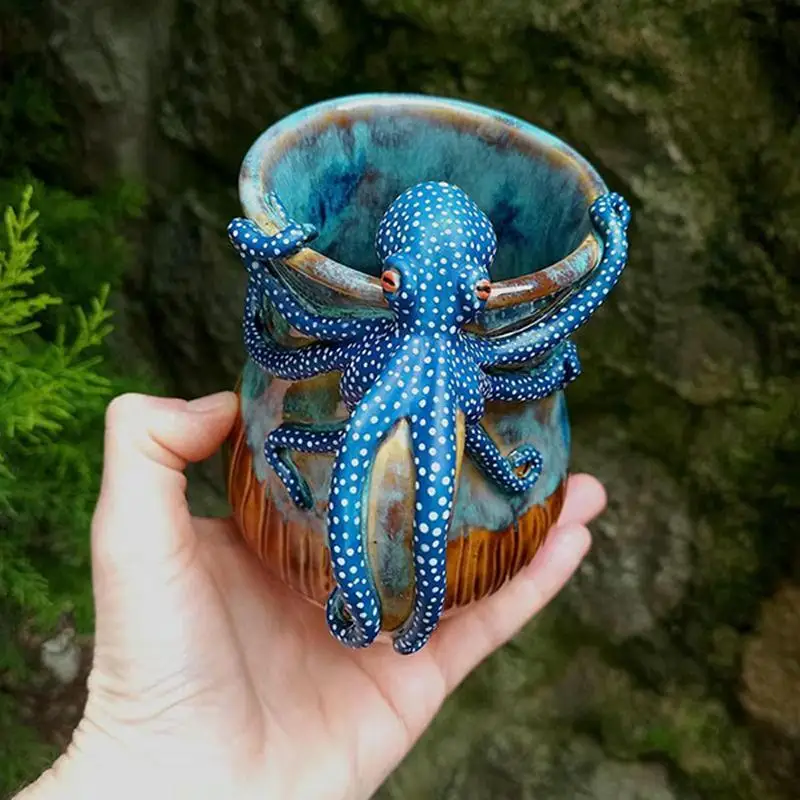 

New Deep Blue Octopus Mug Handmade Statue Sea Animal Mug 3d Resin Mug With Octopus Tentacle Handle Coffee Milk Tea Cups