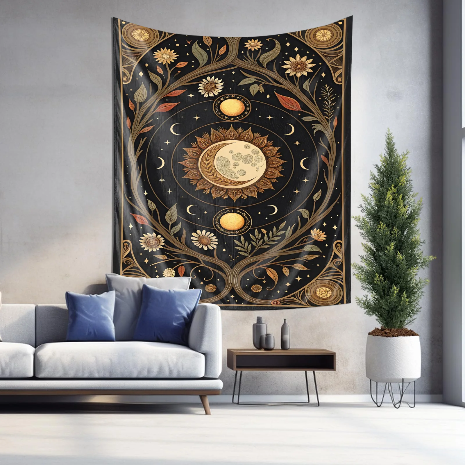 "Tapeçaria com tema de astronomia vintage - Pano decorativo para pendurar sol e lua"