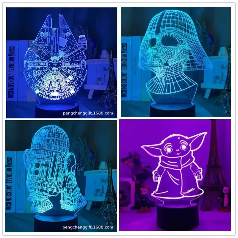 Lámpara LED 3D de dibujos animados para niños, luz nocturna de ilusión, figuras de Stitch de bebé Yoda, Star Wars, 16 colores, regalo de Manga para niños