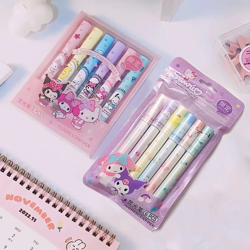 4/6 قطعة سانريو مرحبا كيتي فسفورية مجموعة كورومي ميلودي سينامورول 6 ألوان علامات أقلام طالب اللوازم المدرسية القرطاسية