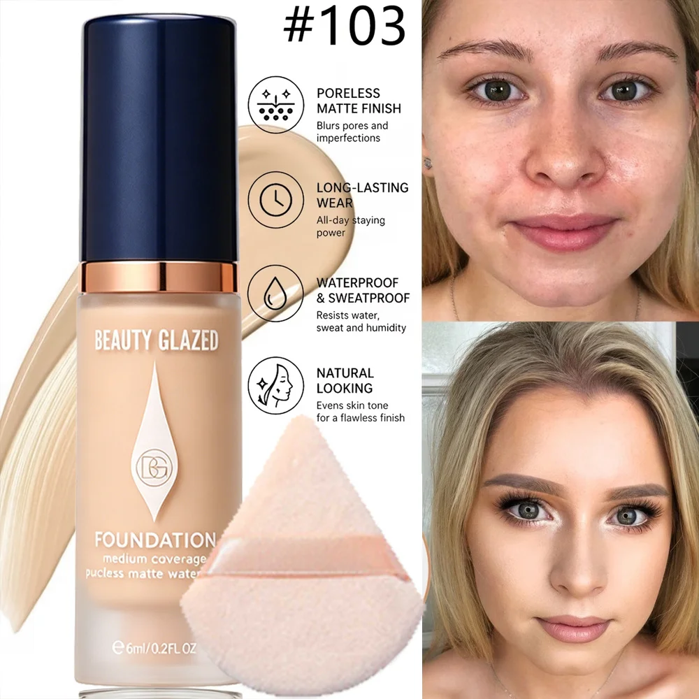 Matte Full-Coverage-Foundation – Erhältlich in 6 Farbtönen, langanhaltendes mattes Finish, wasserfest und schweißresistent, Mini-Reisegröße. – Detail 9