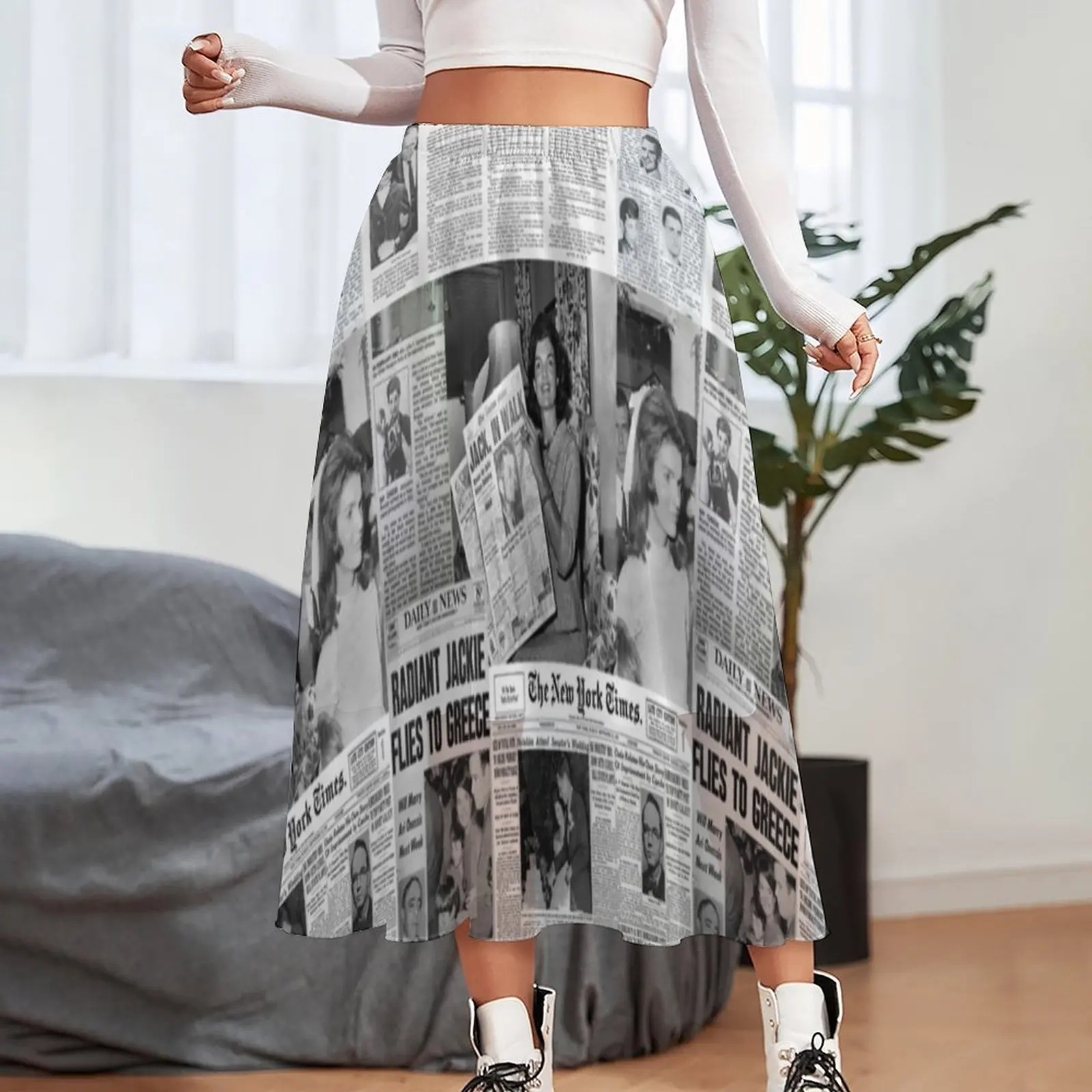 Newspaper Collage Skirt Jackie Kennedy Vintage Long Skirts High Waist Printed Street Style A-line Skirt Big Size 2XL 3XL