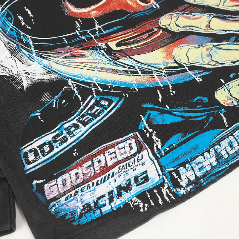 Amerikaanse streetwear Godspeed skelet racer print met lange mouwen gewassen doen oude losse casual heren dames T-shirt met lange mouwen