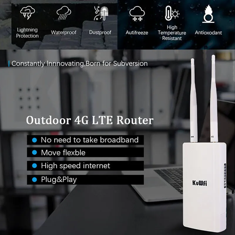 KuWFi 4G LTE Wireless Router 150Mbps CAT4 Outdoor Waterproof Wifi Router With Sim Card Slot 360-Degree Antennas For IP Camera