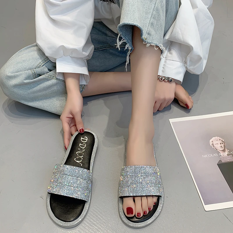 جديد 2023 صنادل ماسية لامعة مفتوحة الاصابع مسطحة نعال نسائية أحذية سانداليا للحفلات النسائية صنادل نسائية #6