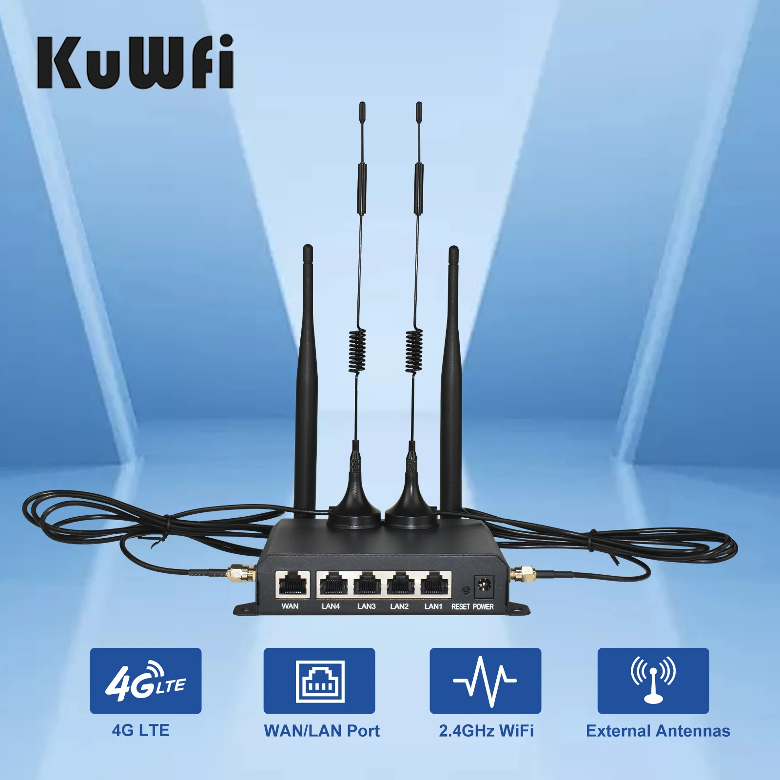 KuWFi 150Mbps 4G LTE 무선 라우터, DDNS 방화벽 기능, RJ45 포트 지원, AP 리피터 모드, 벽걸이형 외장 안테나 4개 포함