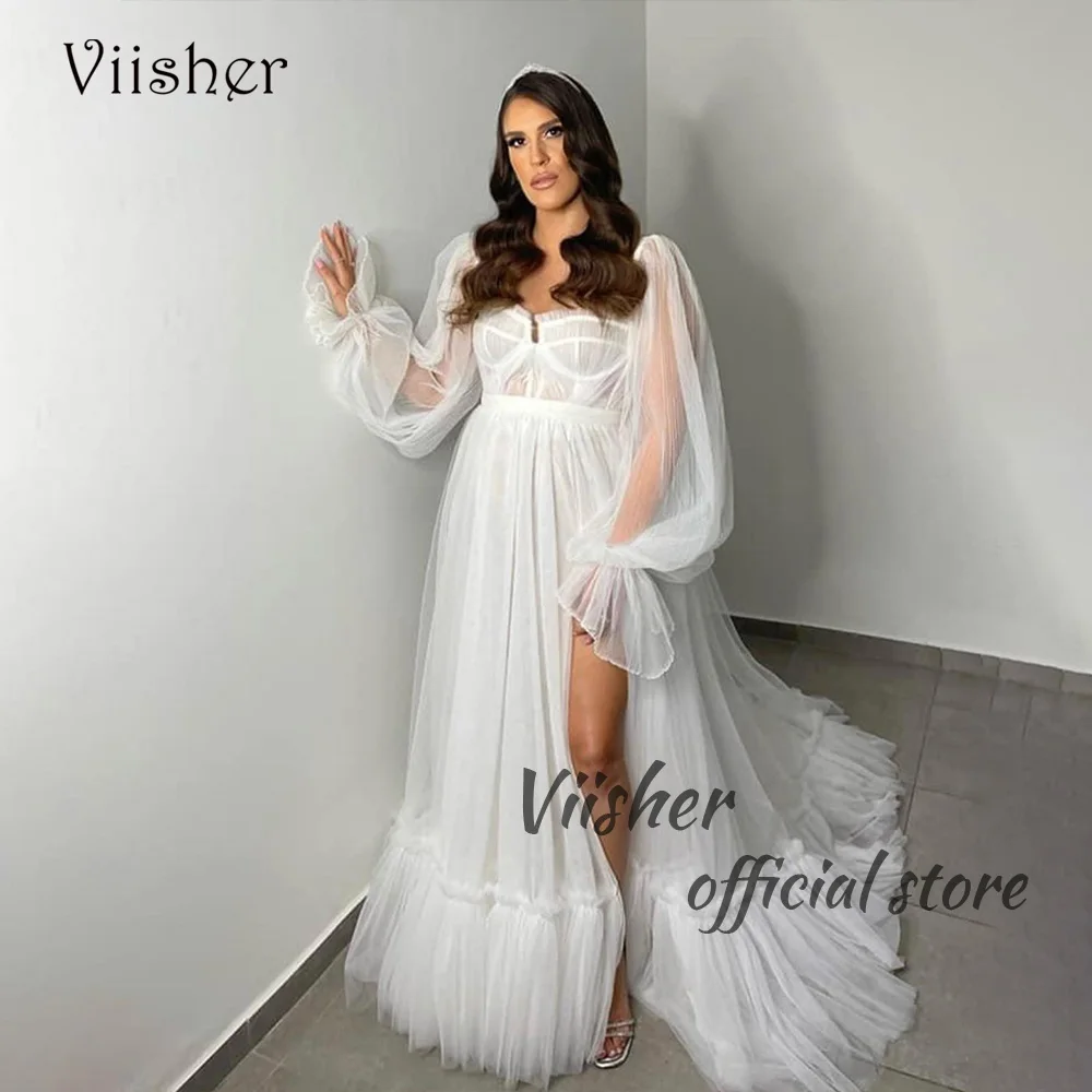 

Viisher White Tulle A Line Wedding Dresses Puffy Long Sleeve Side Split Boho Wedding Bride Dress Customized 2023 Bridal Gowns