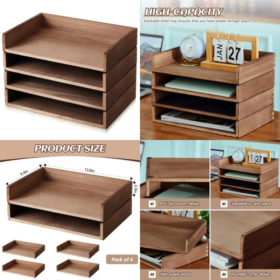 

4 Pcs Stackable Paper Organizer Tray Desk Organizer Letter Tray Desktop Letter Size Office en Desk Shelf Paper Holder Folder Or