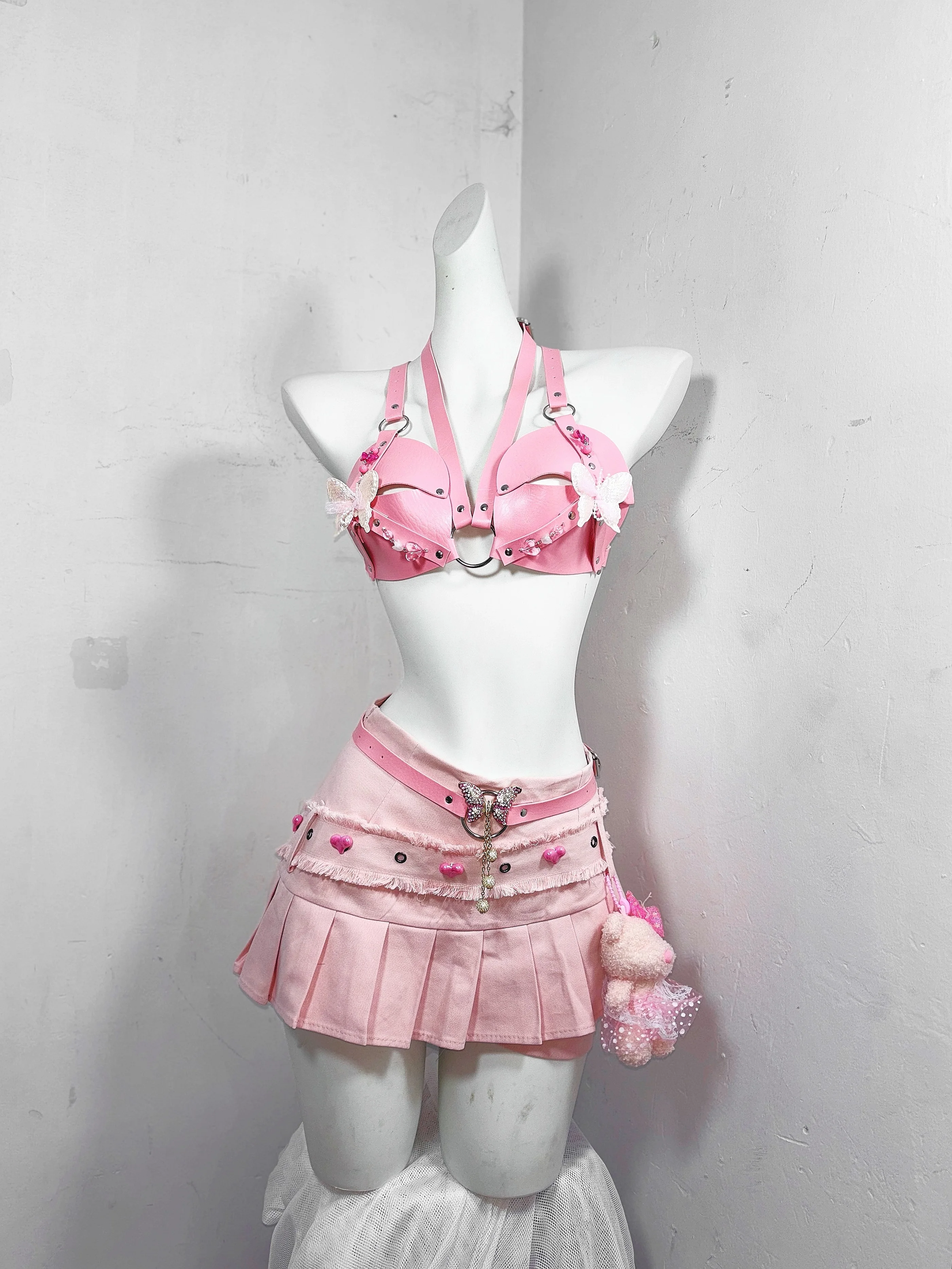 

TDH оригинальный розовый кожаный бандажный топ и плиссированная джинсовая мини-юбка, милая милая сексуальная юбка с открытой спиной для девочек, комплект из 2 предметов