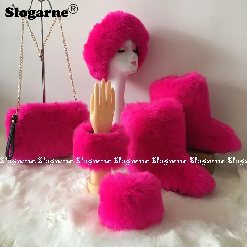 

New Women Faux Fur Fashion Sets Winter Luxury Furry Snow Boots Racoon Fur Boots Fur Purse Handbag Plush Warm Fluffy Ski Headband