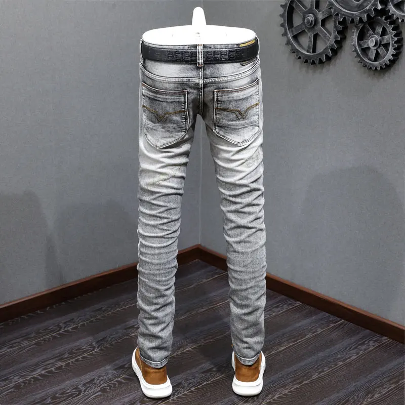 Fashion Vintage Men Jeans High Quality Retro Gray Stretch Slim Fit Ripped Jeans Men Embroidery Designer Casual Denim Pants
