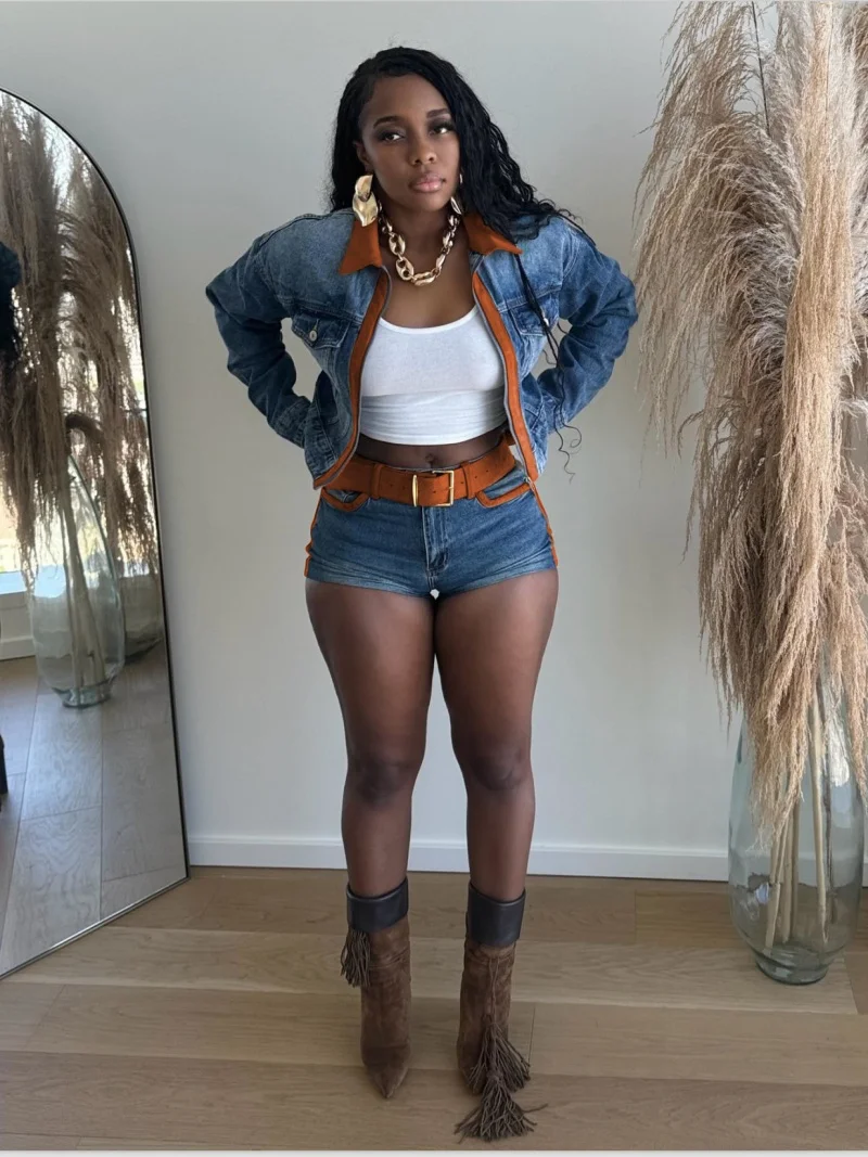 

Модный джинсовый комплект из двух предметов для женщин: весенняя одежда, женская куртка на молнии с воротником-стойкой и шорты, комплект в ковбойском стиле