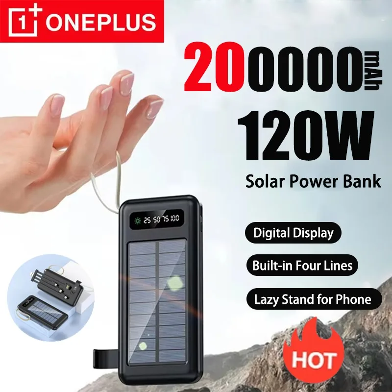 Oneplus 200000mAh سعة كبيرة بنك الطاقة الشمسية المحمول المحمولة شحن سريع إمدادات البطارية المدمج في 4 كابلات آيفون 2025