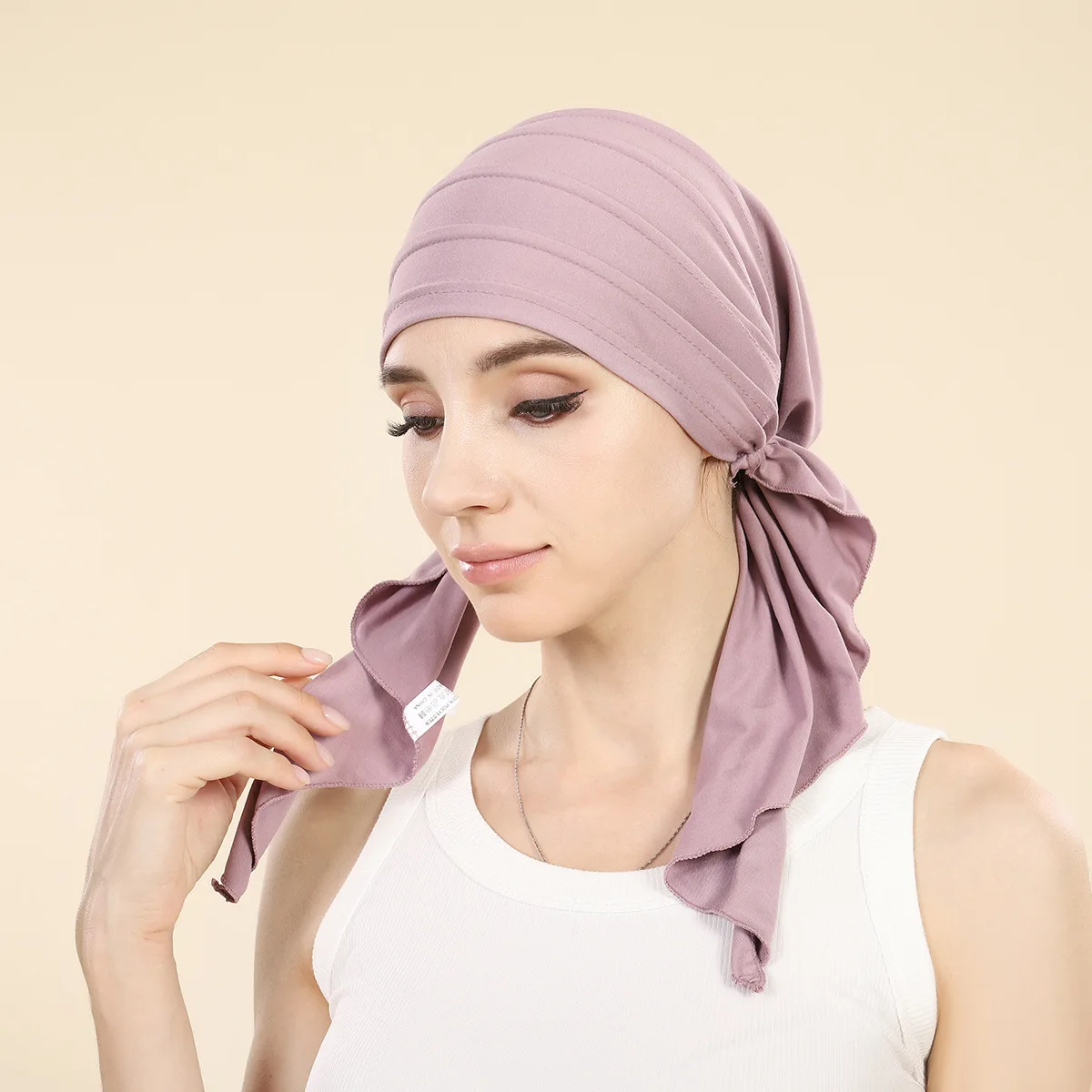 Women Solid Color Pre-tied Hat Turban Muslim Inner Hijab Bonnet Long Tail Headscarf Chemo Cap Hair Loss Bandanas Turbante Mujer