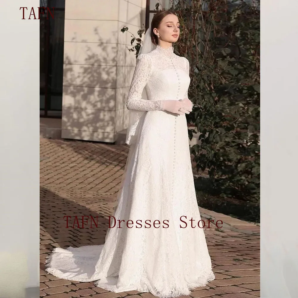 

TAFN Lace Wedding Dresses A Line Long Sleeves Wedding Gowns High Collar Buttons Formal Bride Dress Women Party Bridal Gowns