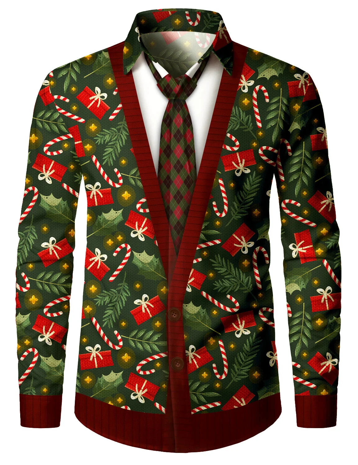 2025 Men's Funny Christmas Theme Graphics Long Sleeve Shirt Button Up Shirt Outdoor Holiday Turndown shirts Fake Tailcoat design