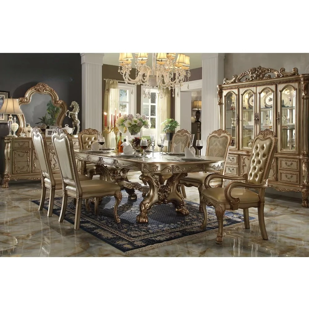 Regal European Classical and Gilt Solid Wood Dining Table with Hand - Carved Ornaments and Solid Wood Top
