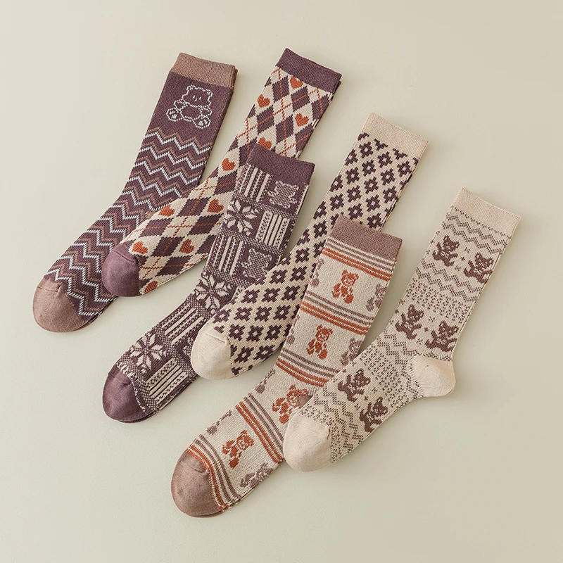 Chaussettes mi-mollet en coton peigné pour femmes, style rétro, haute qualité, confortables, automne, hiver, 3 paires