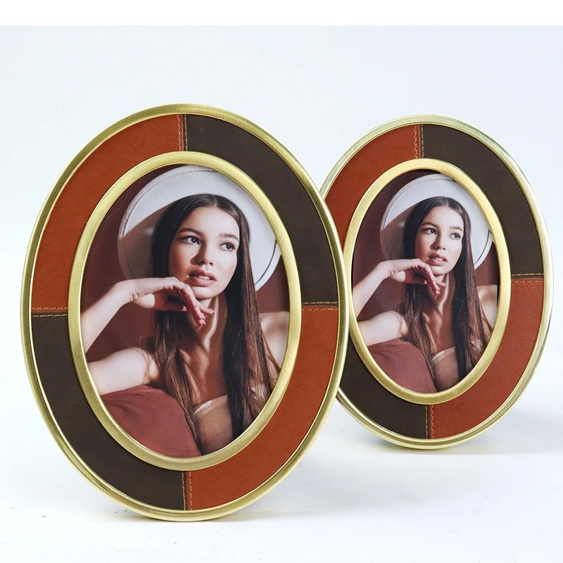 Patchwork Leather Oval Photo Frame Gold Frames for Pictures Bedside Table Ornaments Desk Decoration Figures Portrait Framed Art