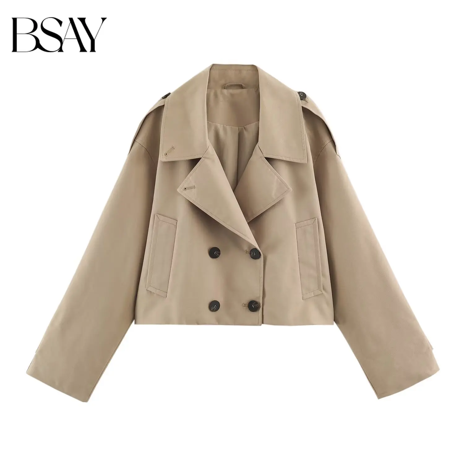 BSAY 2026 New Women Cropped Trench Jacket Lapel Collar Double Breasted Loose Oversized Long Sleeve Flap Pockets Short Outerwear