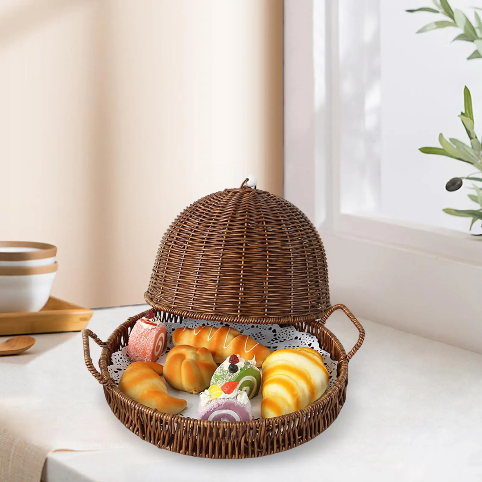 

Woven Serving Tray with Woven Food Cover Centerpiece Decorative Storage Basket for Tabletop Picnic Home Restaurant Party