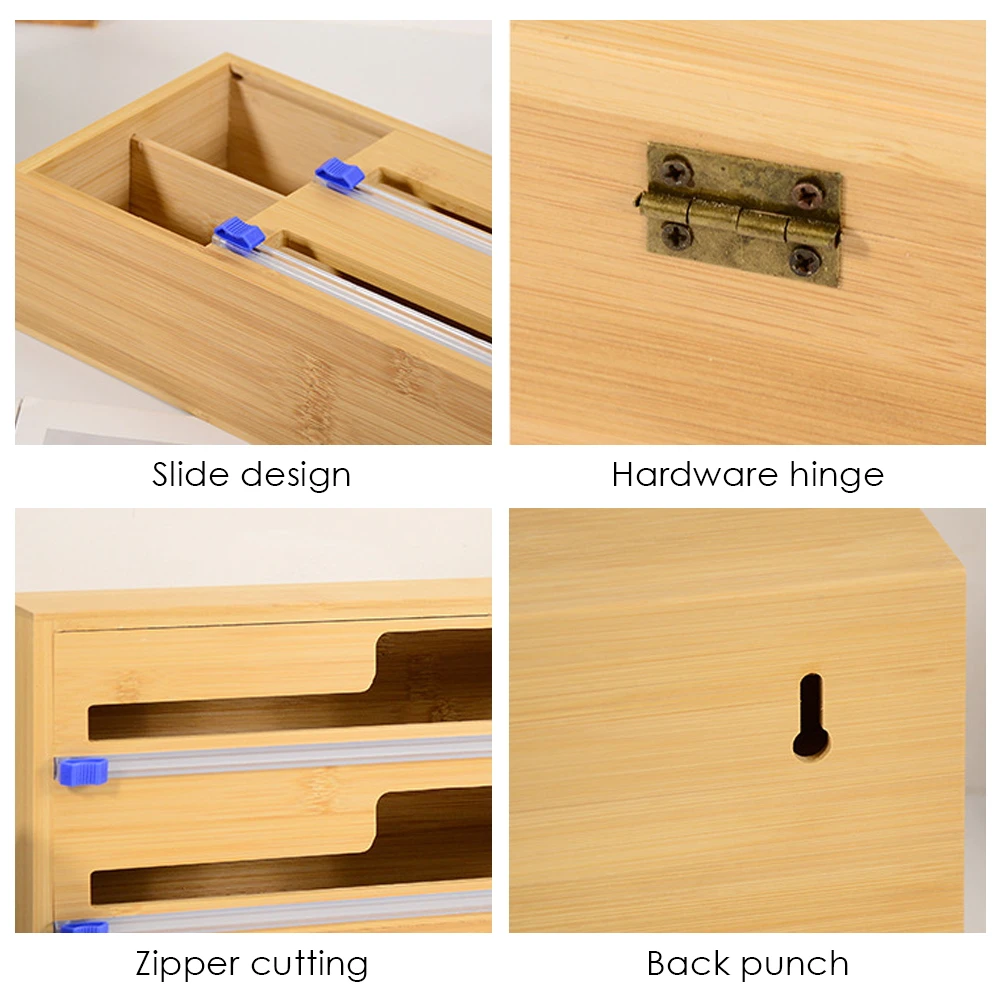 Bamboo Cling Film Cutting Box, Foil and Plastic Wrap Organizer with Cutter Dispenser, Kitchen Organization and Storage