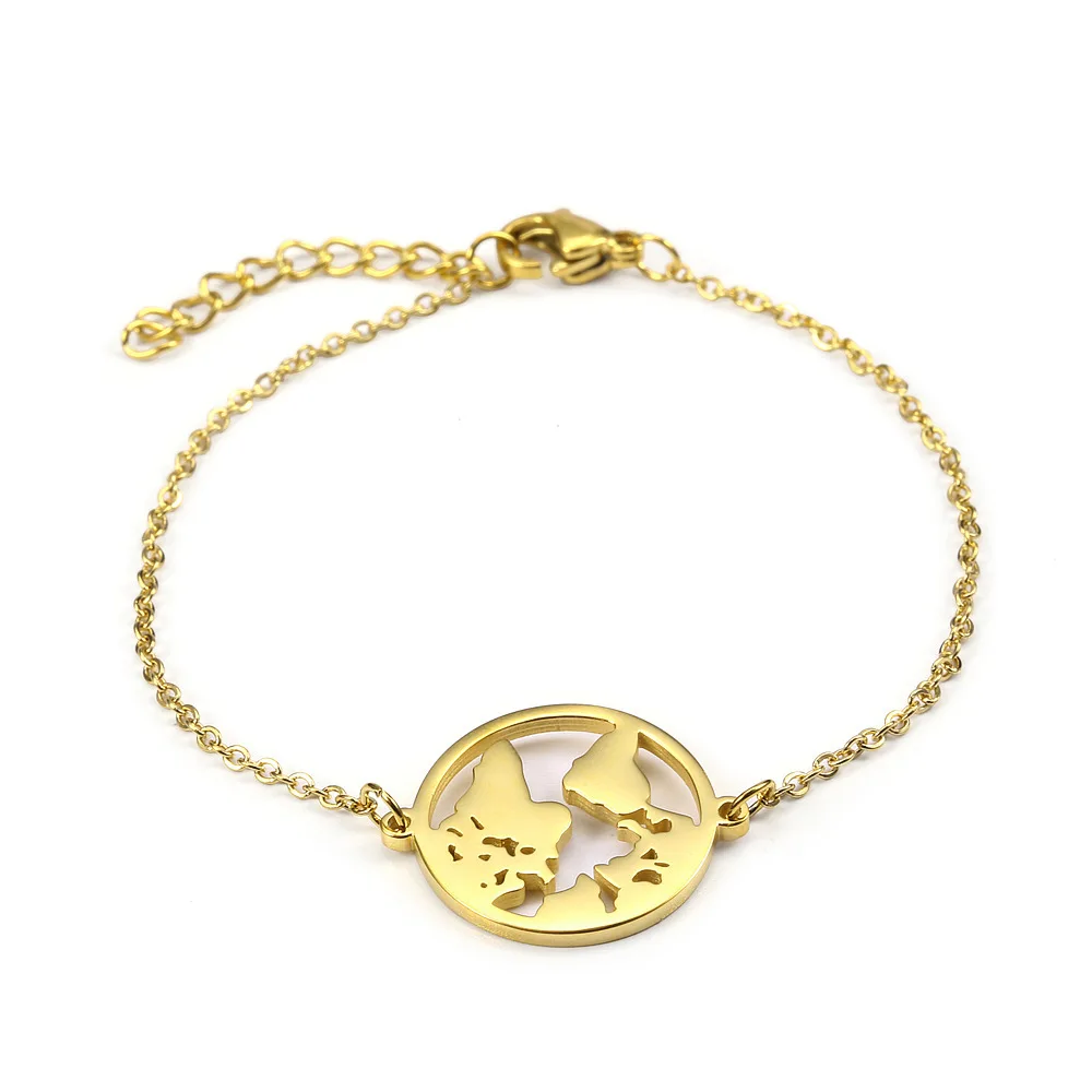 Gold Plated Whole World Map Earth Women Men Bracelet Simple Round Hollow Titanium Steel Bangle Accessory